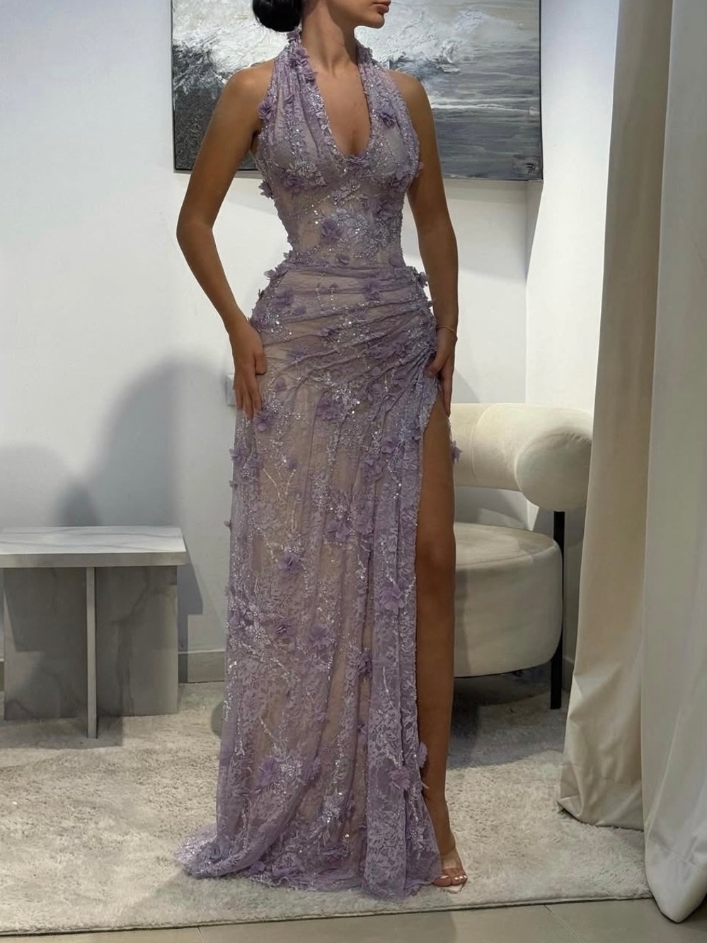 Lavender Halter Evening Gown with Side Slit
